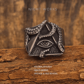 All - Seeing Eye Octopus Ring – Dark Titanium Steel Gothic Band - Night Works