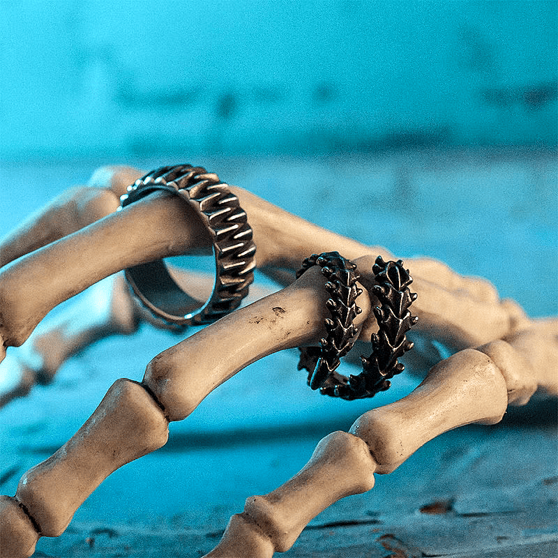 Conflict Spine Ring – Dark Vintage Titanium Steel Gothic Band - Night Works