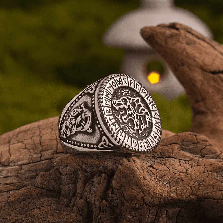 Fenrir Wolf Ring – Viking Titanium Steel Rune Signet - Night Works