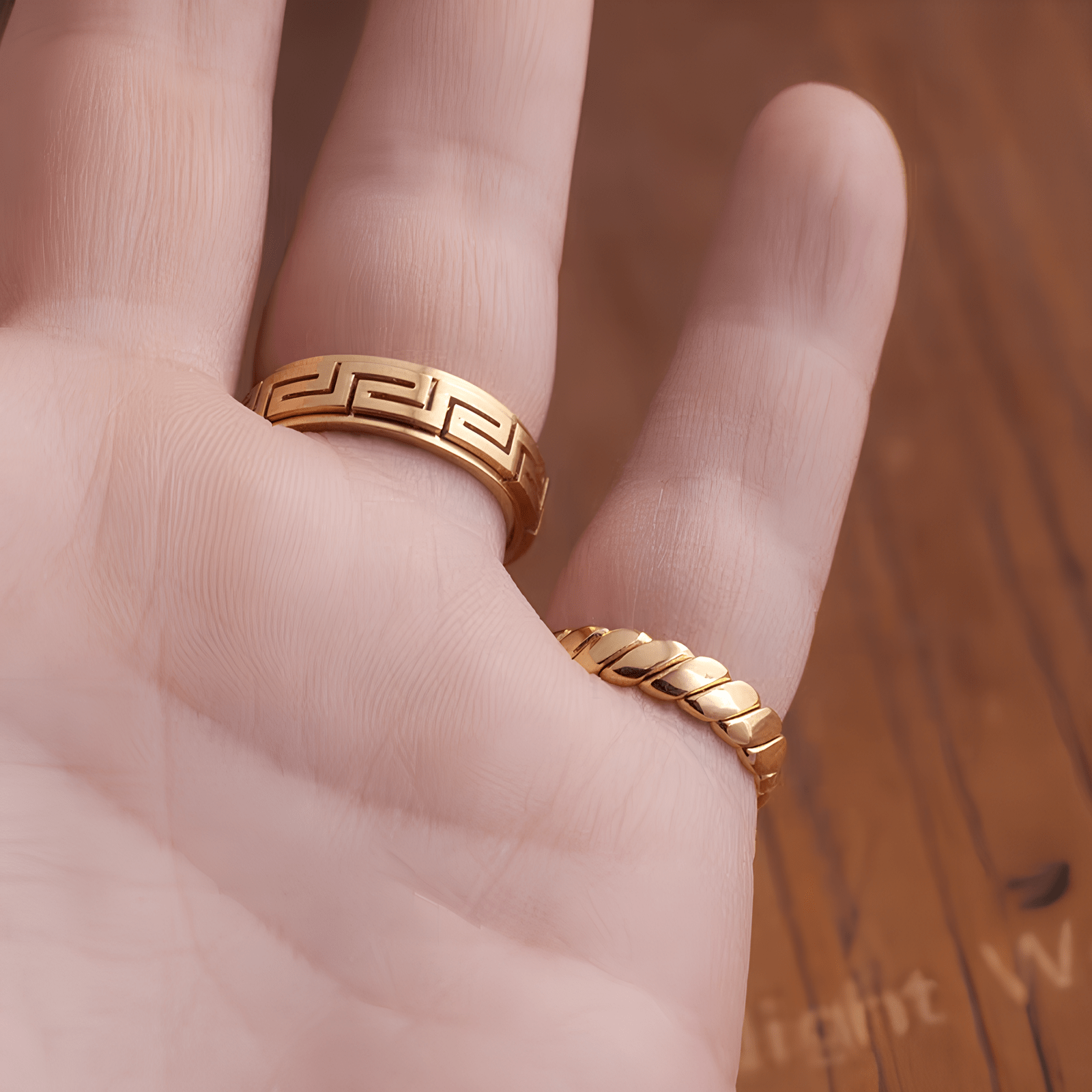Greek Key Spinner Ring – Titanium Steel Rotatable Vintage Gold Band - Night Works