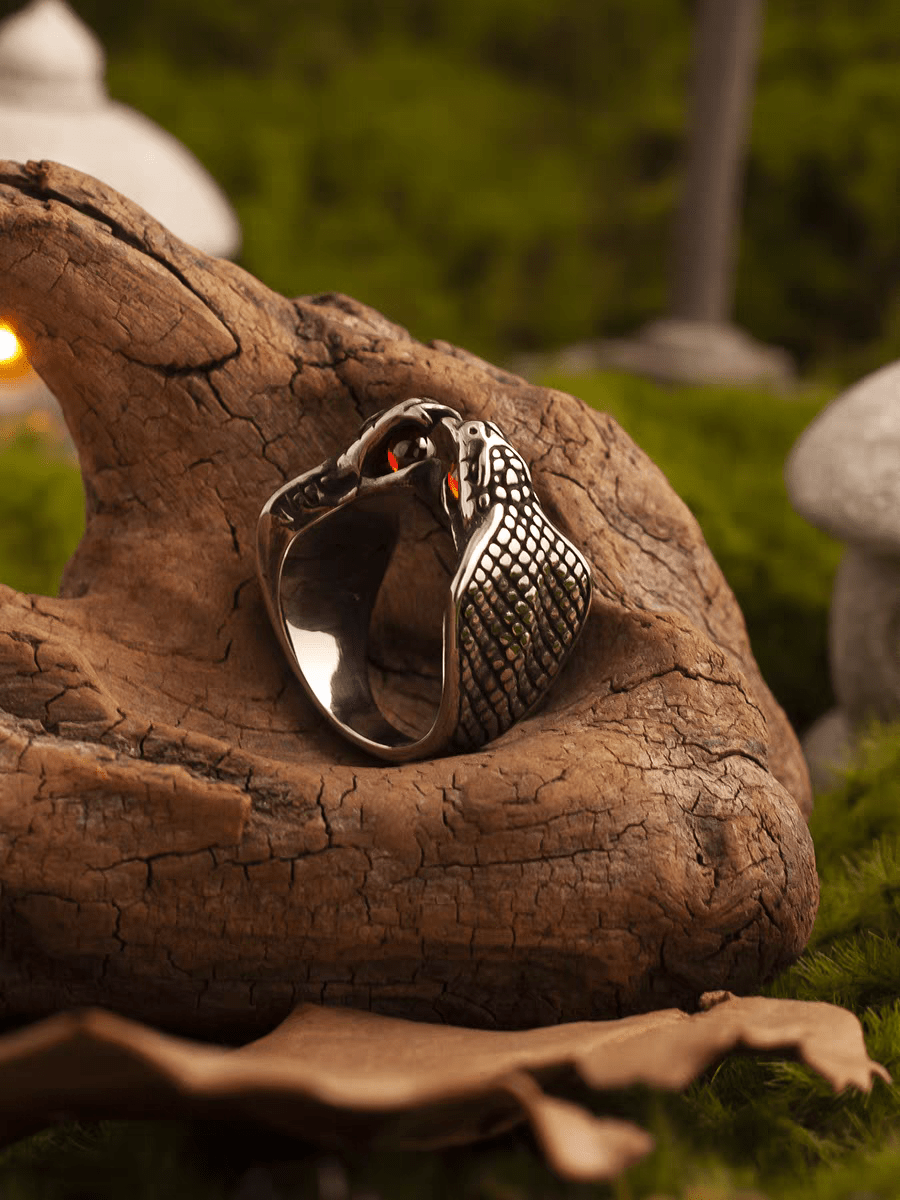 Guardian of Power – Ancient Egypt Cobra Eye Ring with Red Gem - Night Works