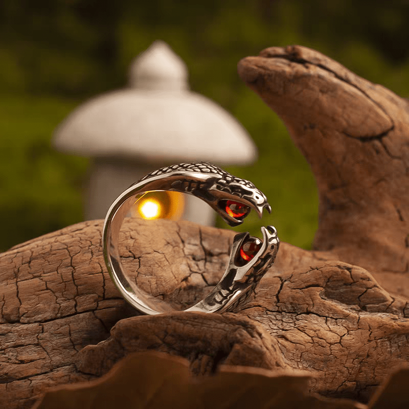 Guardian of Power – Ancient Egypt Cobra Eye Ring with Red Gem - Night Works