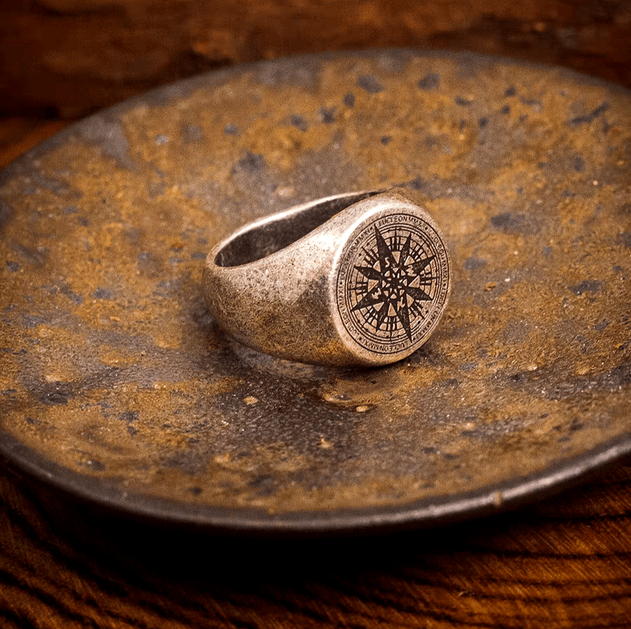 Medieval Compass Signet Ring – Vintage Titanium Steel Ring - Night Works