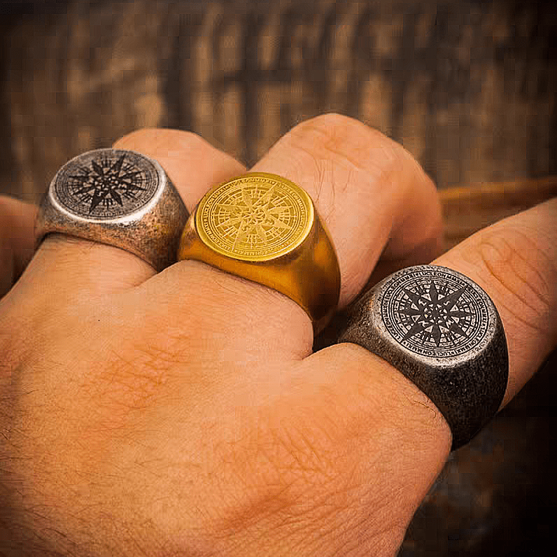 Medieval Compass Signet Ring – Vintage Titanium Steel Ring - Night Works