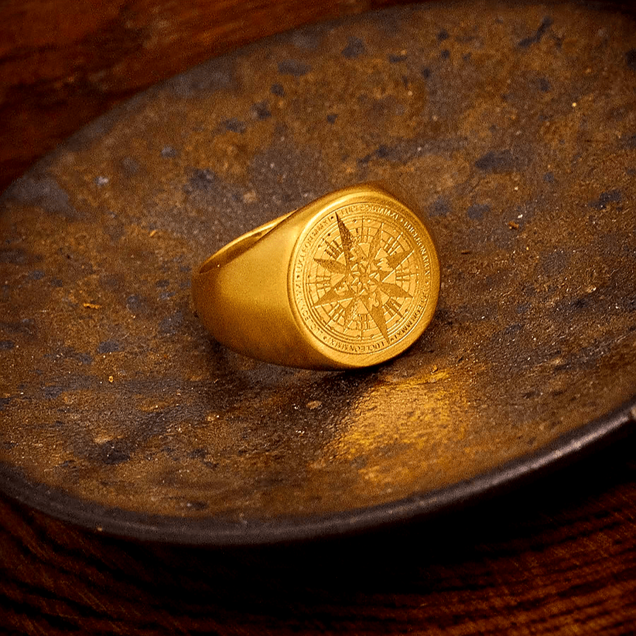Medieval Compass Signet Ring – Vintage Titanium Steel Ring - Night Works