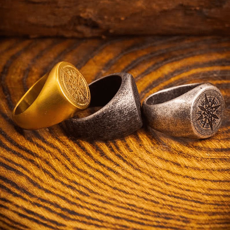 Medieval Compass Signet Ring – Vintage Titanium Steel Ring - Night Works