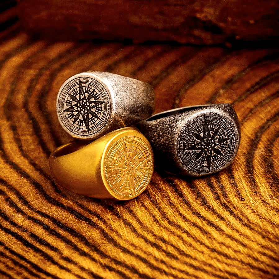 Medieval Compass Signet Ring – Vintage Titanium Steel Ring - Night Works