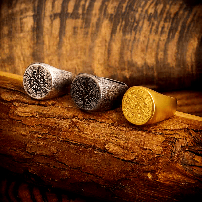 Medieval Compass Signet Ring – Vintage Titanium Steel Ring - Night Works