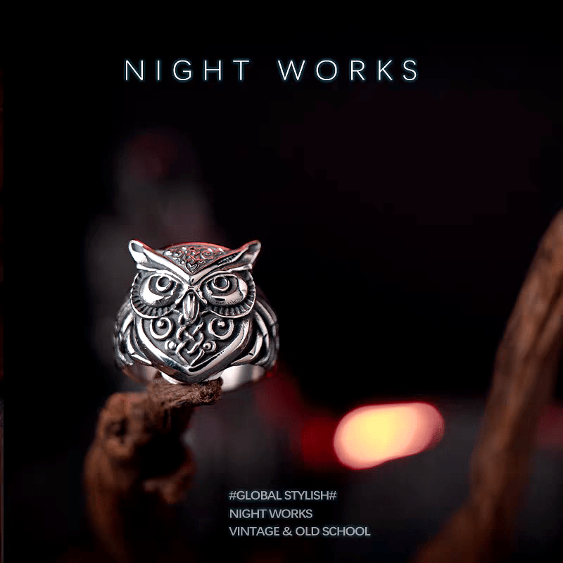 Owl Wisdom Ring – Celtic Norse Titanium Steel Band - Night Works