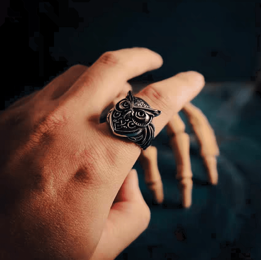 Owl Wisdom Ring – Celtic Norse Titanium Steel Band - Night Works