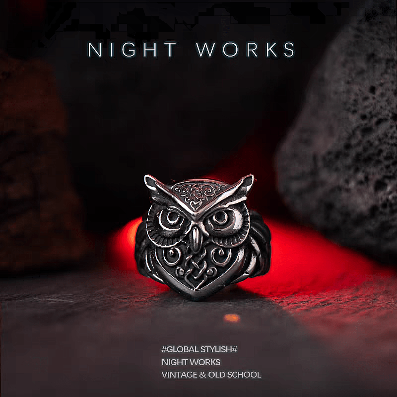 Owl Wisdom Ring – Celtic Norse Titanium Steel Band - Night Works