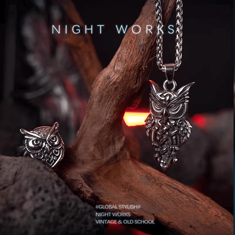 Owl Wisdom Ring – Celtic Norse Titanium Steel Band - Night Works