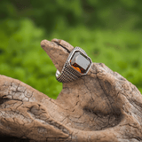 Scarlet & Black Stone Gothic Vintage Titanium Steel Ring - Night Works