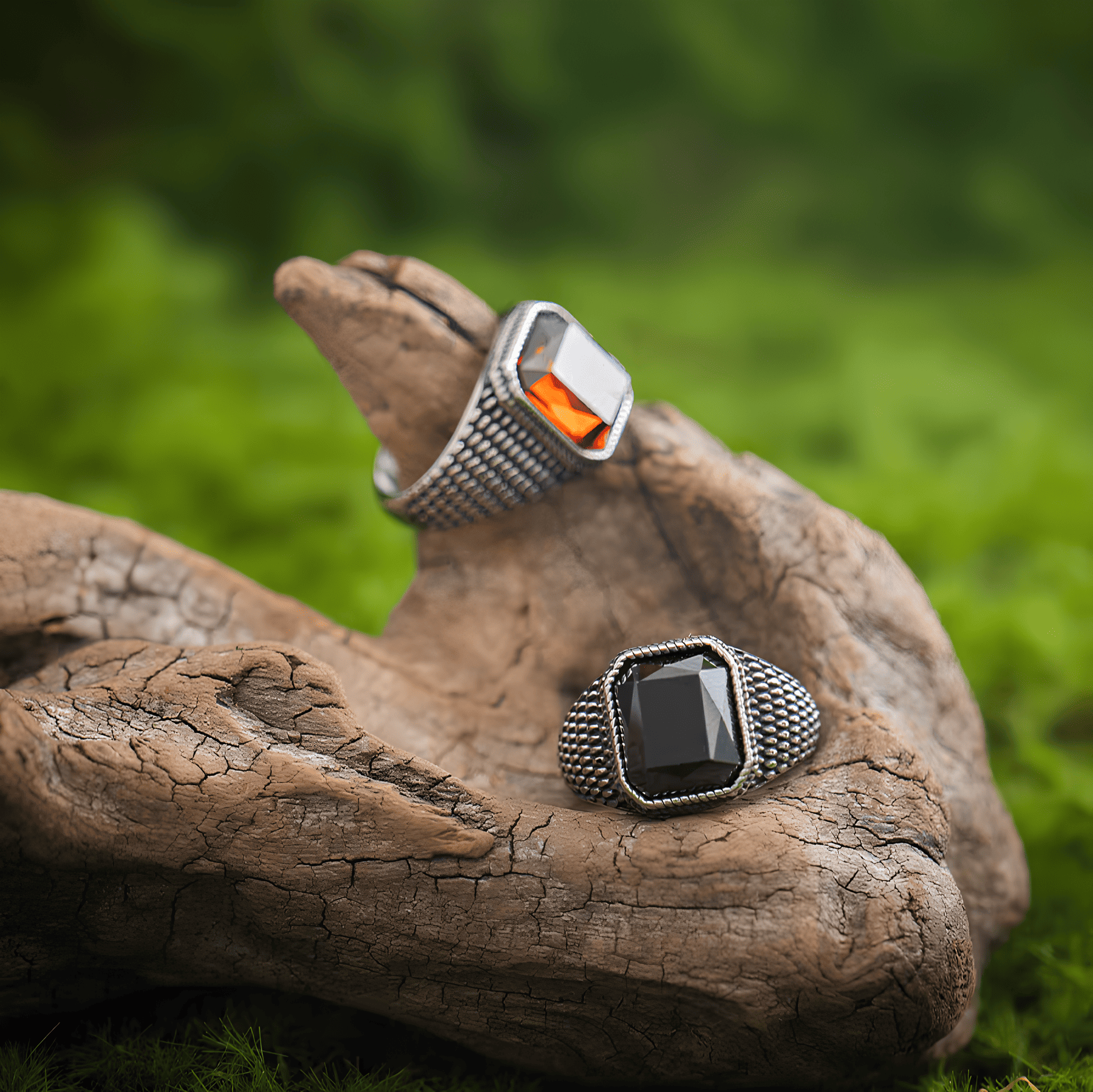 Scarlet & Black Stone Gothic Vintage Titanium Steel Ring - Night Works