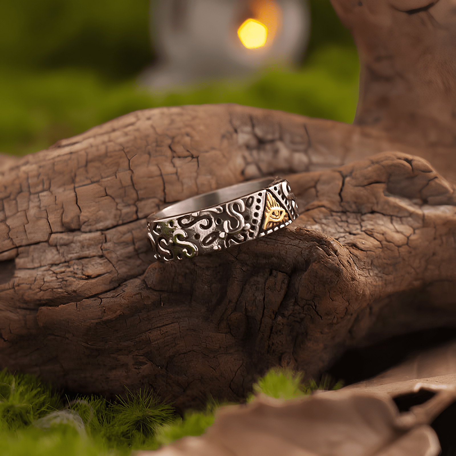 All - Seeing Eye Gold Accent Ring – Vintage Titanium Steel Band - Night Works
