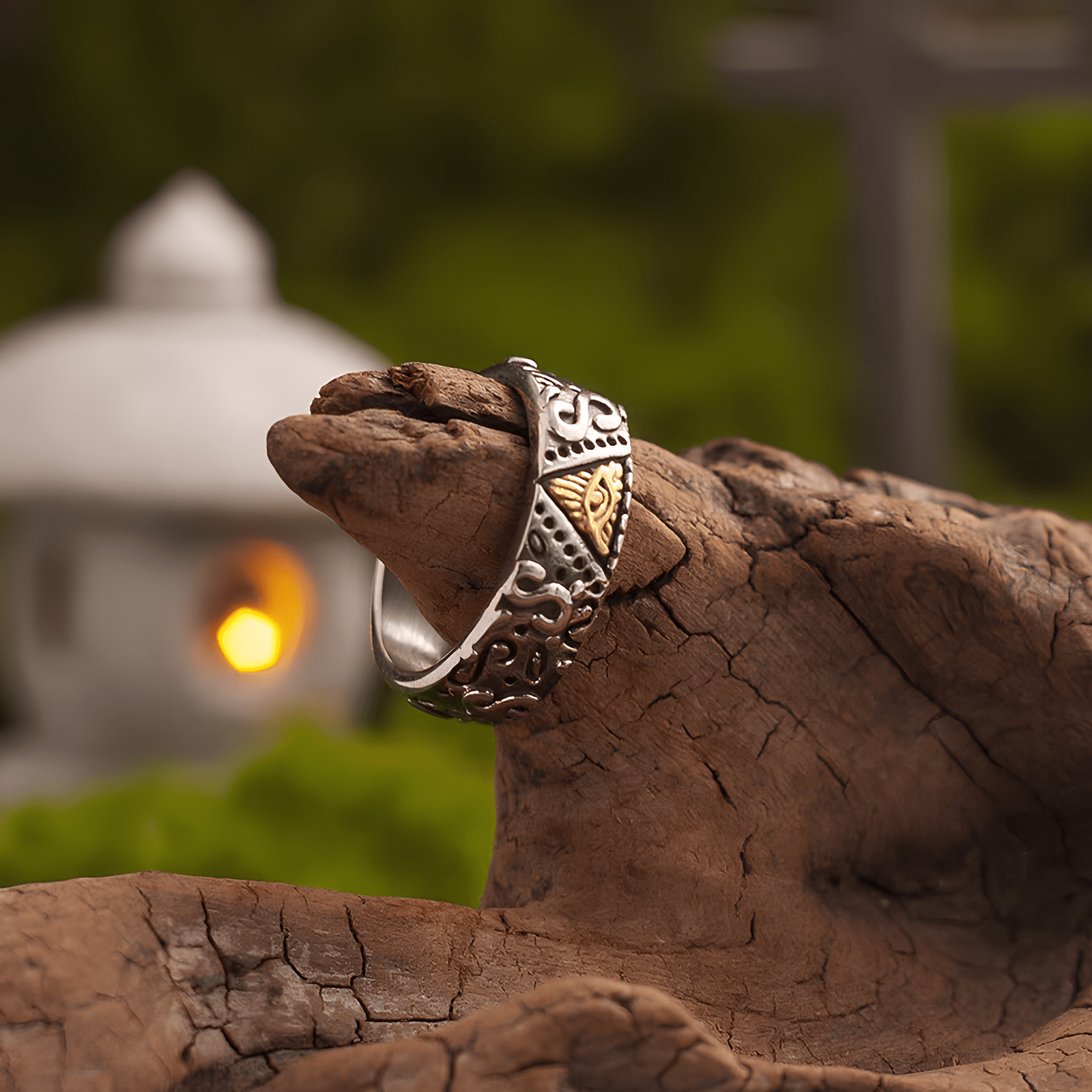 All - Seeing Eye Gold Accent Ring – Vintage Titanium Steel Band - Night Works