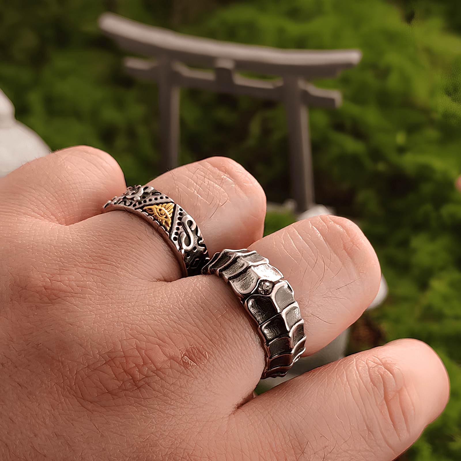 All - Seeing Eye Gold Accent Ring – Vintage Titanium Steel Band - Night Works