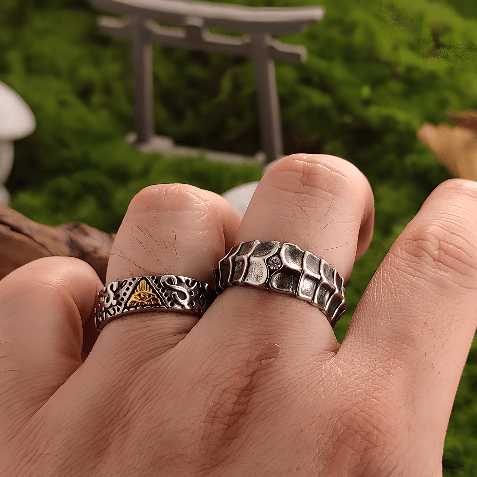 All - Seeing Eye Gold Accent Ring – Vintage Titanium Steel Band - Night Works