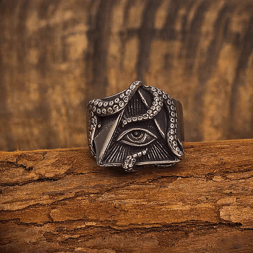 All - Seeing Eye Octopus Ring – Dark Titanium Steel Gothic Band - Night Works