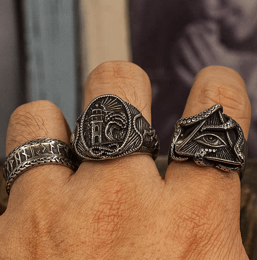 All - Seeing Eye Octopus Ring – Dark Titanium Steel Gothic Band - Night Works