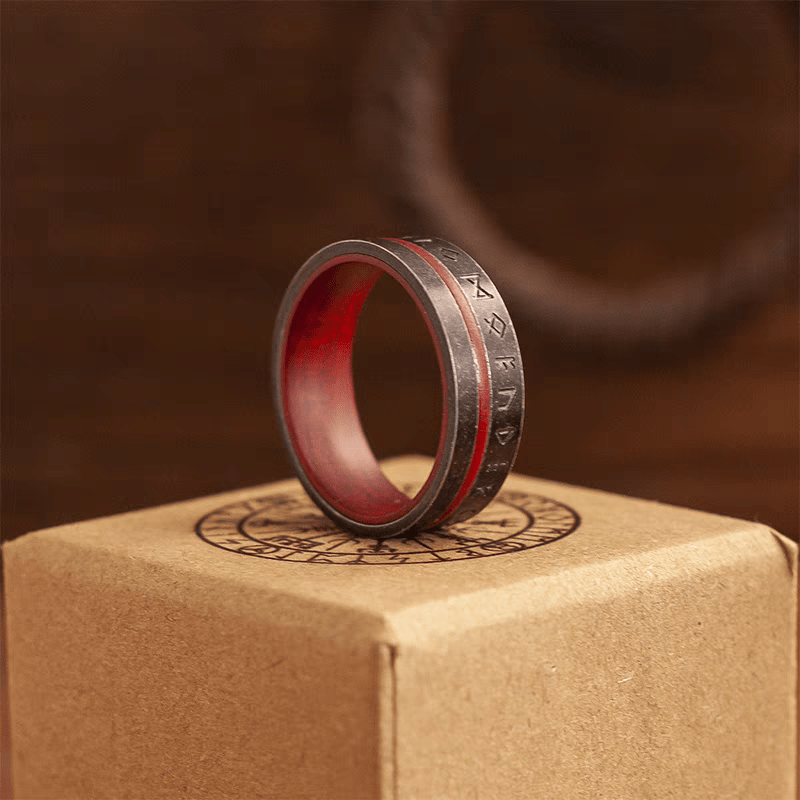 Ancala Red Wood Ring – Nordic Rune Stainless Steel Ring - Night Works