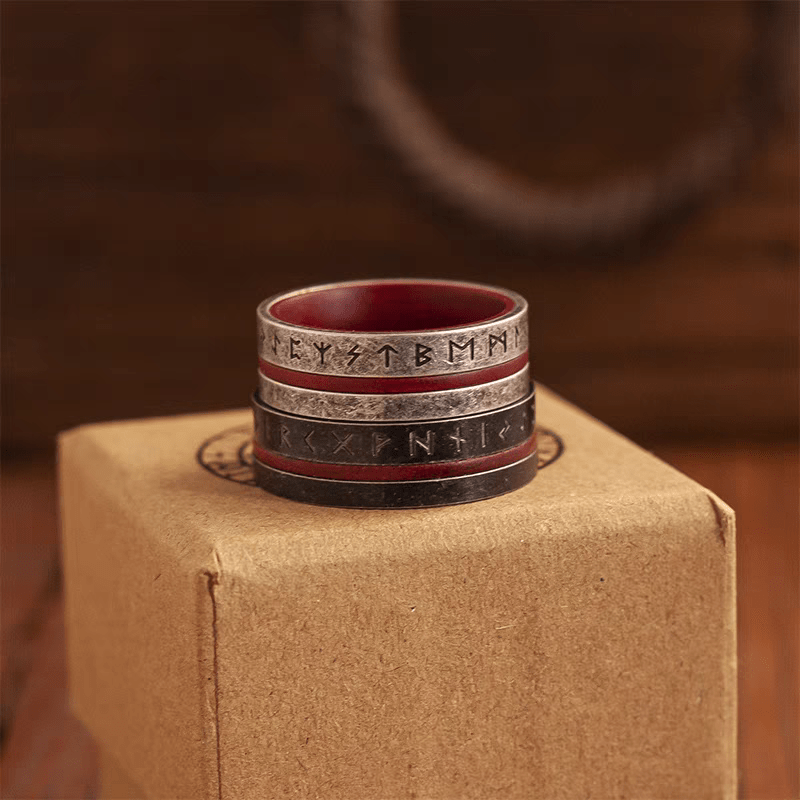 Ancala Red Wood Ring – Nordic Rune Stainless Steel Ring - Night Works