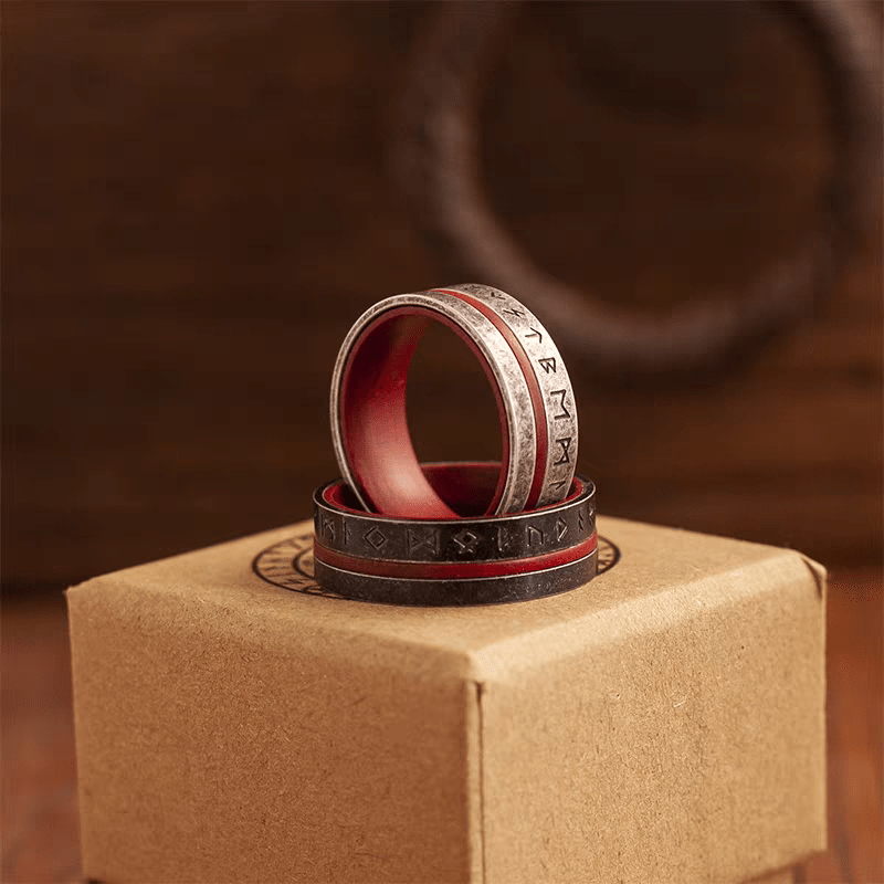 Ancala Red Wood Ring – Nordic Rune Stainless Steel Ring - Night Works