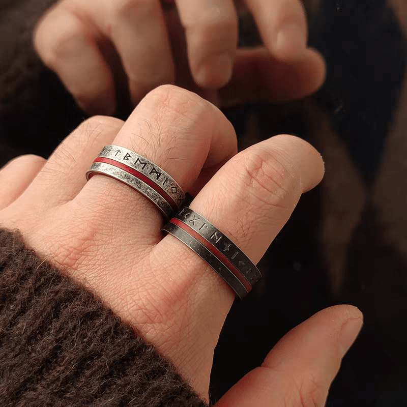 Ancala Red Wood Ring – Nordic Rune Stainless Steel Ring - Night Works