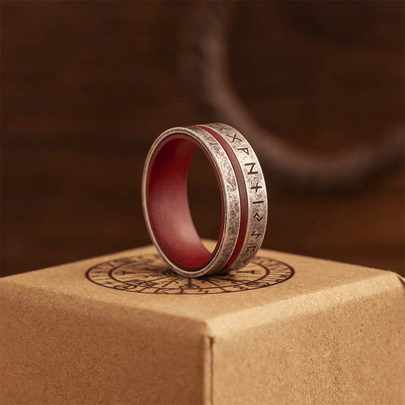 Ancala Red Wood Ring – Nordic Rune Stainless Steel Ring - Night Works