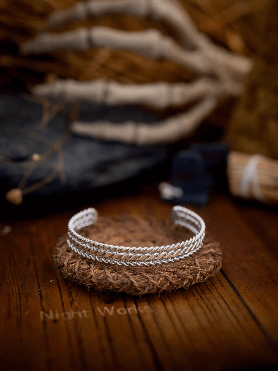 Barbed Rope & Twisted Open Cuff Bracelet – Adjustable Titanium Steel - Night Works