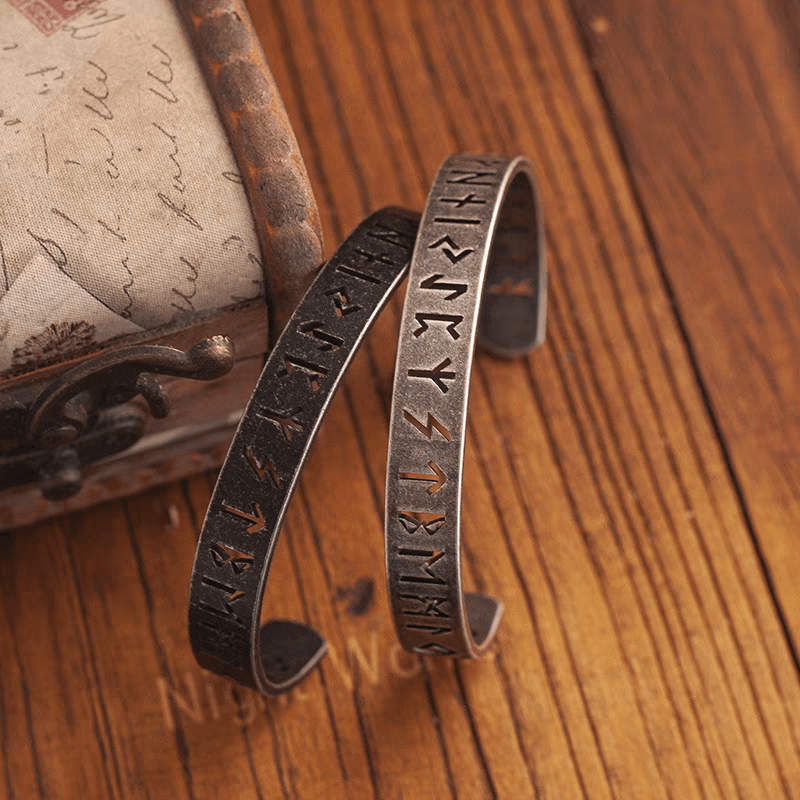 Black Nordic Rune Bracelet – Viking Stainless Steel Cuff - Night Works