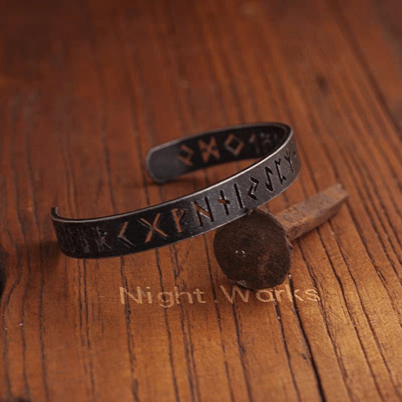 Black Nordic Rune Bracelet – Viking Stainless Steel Cuff - Night Works