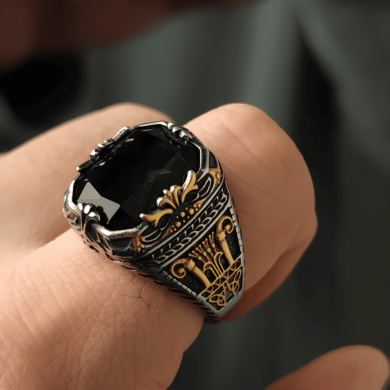 Byzantine Legacy Ring - Vintage Green Gem Gold Engraved - Night Works