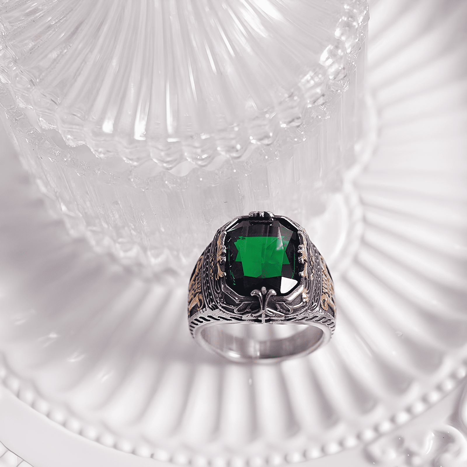 Byzantine Legacy Ring - Vintage Green Gem Gold Engraved - Night Works