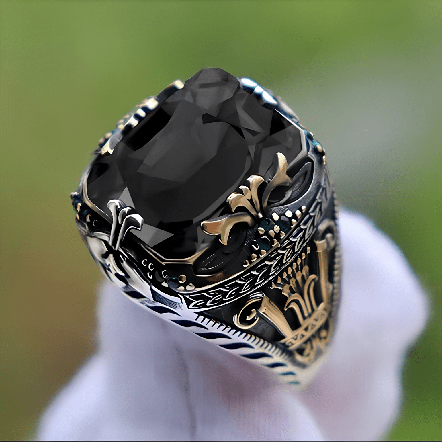 Byzantine Legacy Ring - Vintage Green Gem Gold Engraved - Night Works