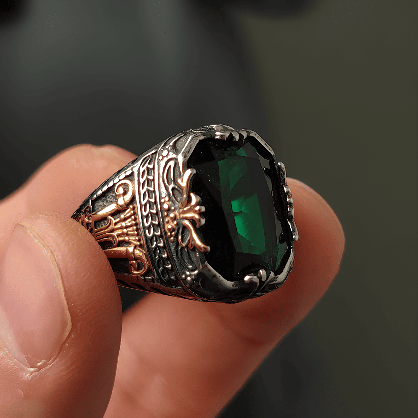 Byzantine Legacy Ring - Vintage Green Gem Gold Engraved - Night Works