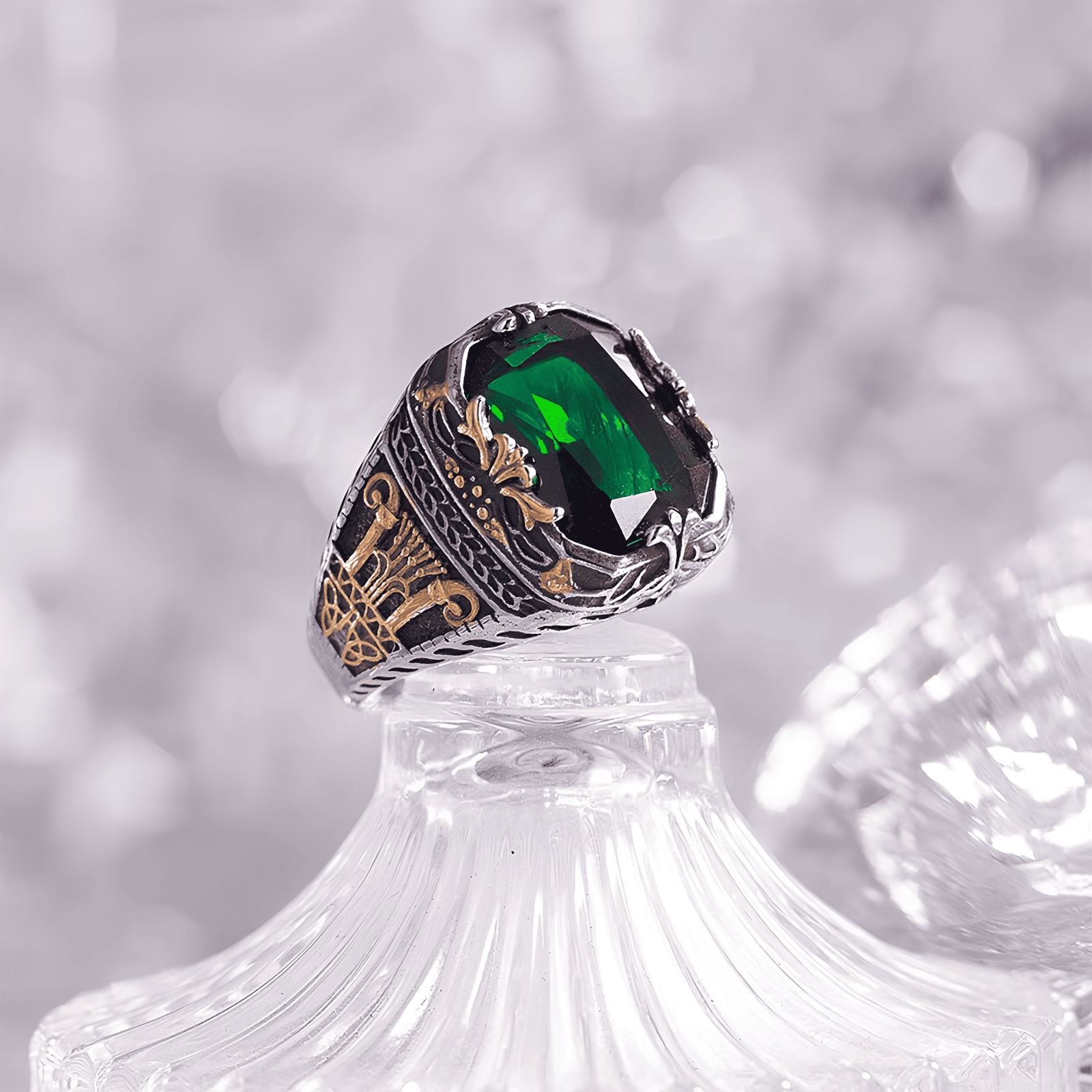 Byzantine Legacy Ring - Vintage Green Gem Gold Engraved - Night Works