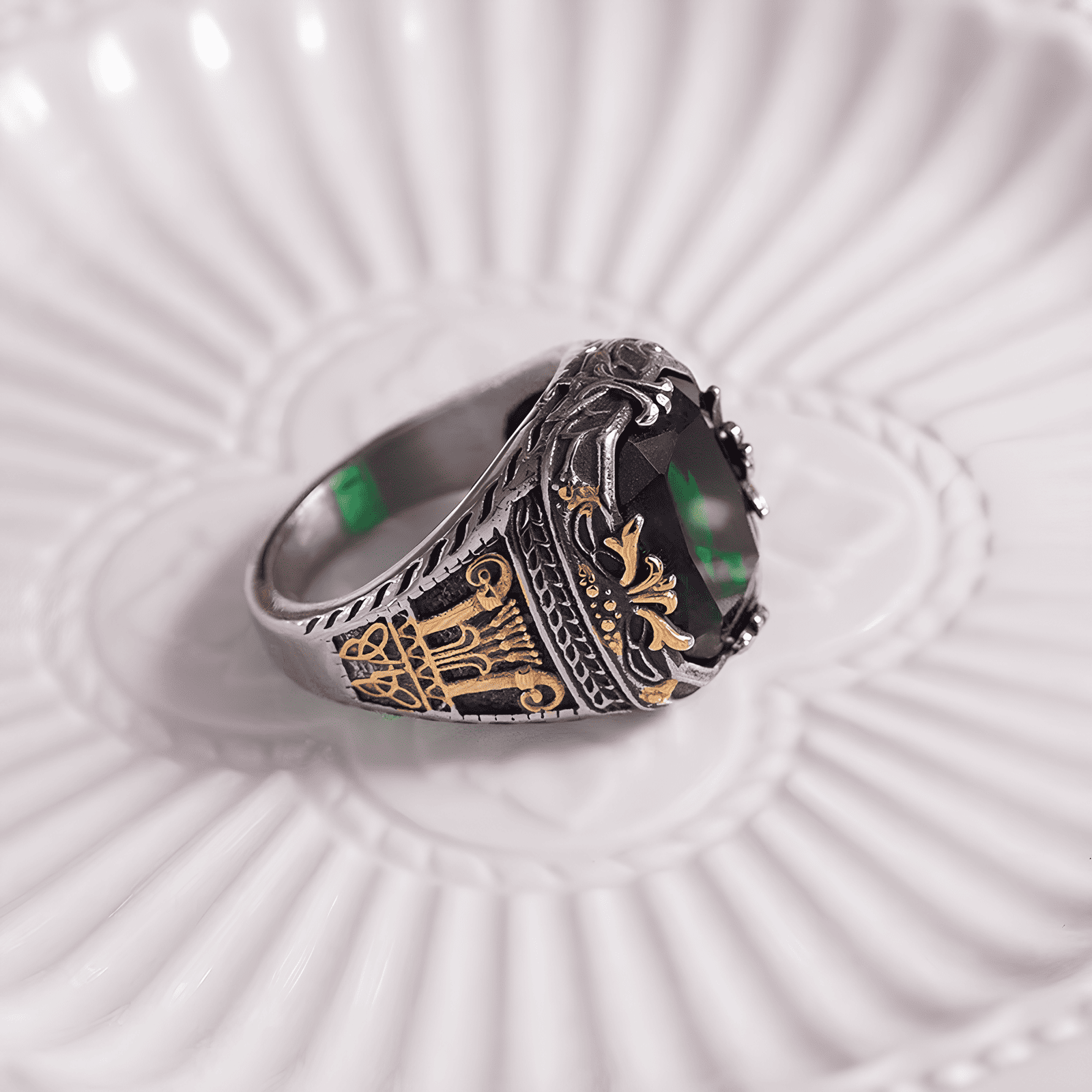 Byzantine Legacy Ring - Vintage Green Gem Gold Engraved - Night Works