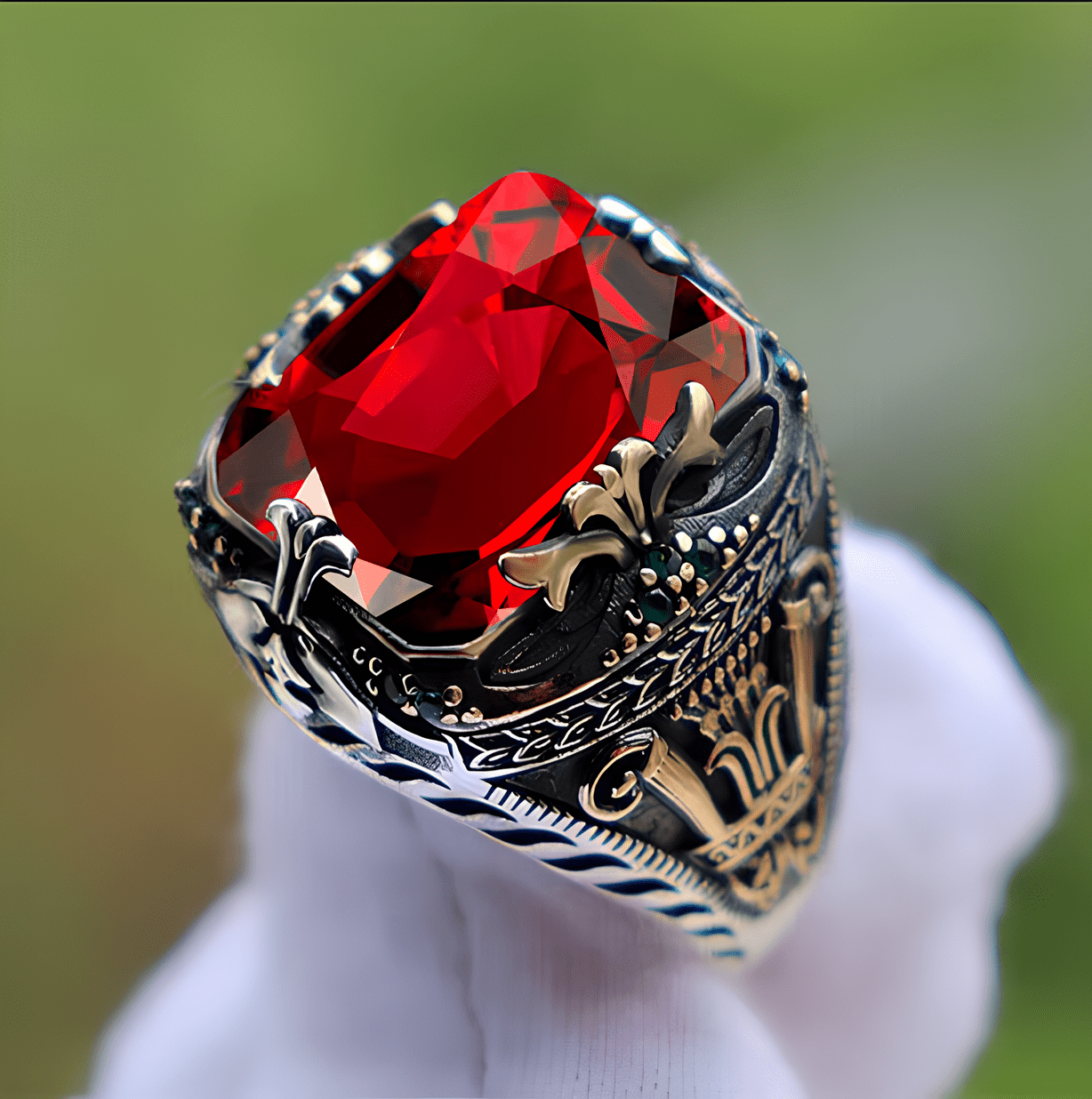 Byzantine Legacy Ring - Vintage Green Gem Gold Engraved - Night Works