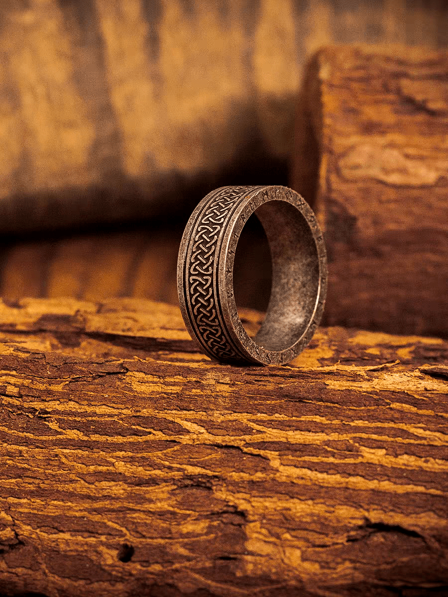 Celtic Knot Vintage Ring – Wide Titanium Steel Band - Night Works