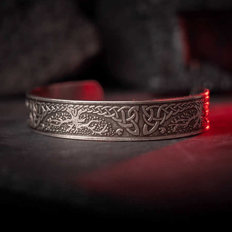 Celtic Sacred Oak Bracelet – Wide Stainless Steel Celtic Knot Bangle - Night Works