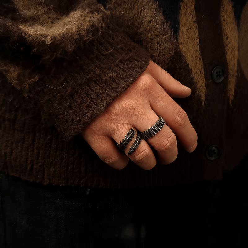 Conflict Spine Ring – Dark Vintage Titanium Steel Gothic Band - Night Works