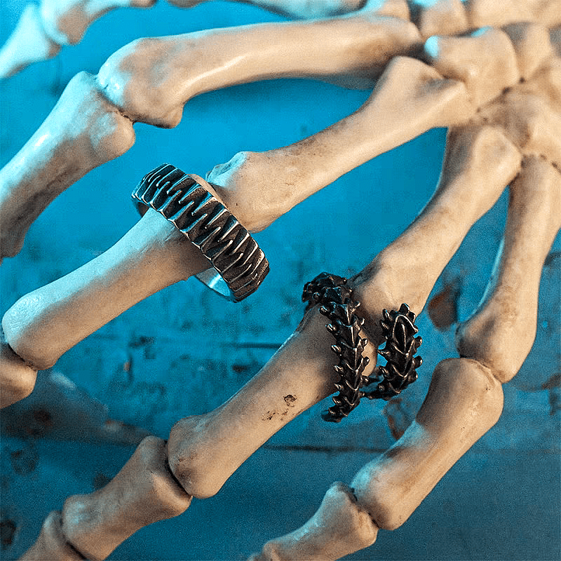 Conflict Spine Ring – Dark Vintage Titanium Steel Gothic Band - Night Works