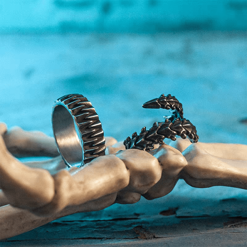 Conflict Spine Ring – Dark Vintage Titanium Steel Gothic Band - Night Works