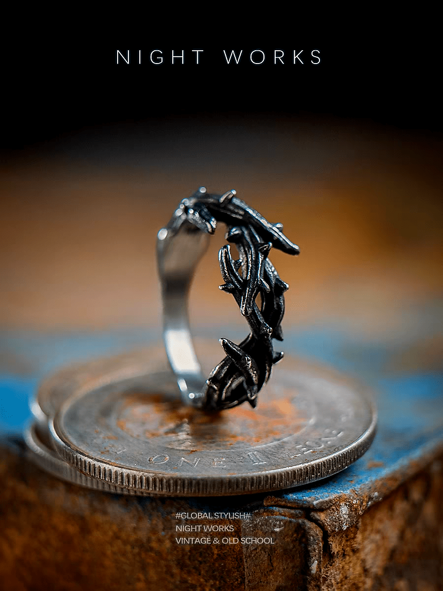 Crown of Thorns Ring – Dark Vintage Titanium Steel Band - Night Works