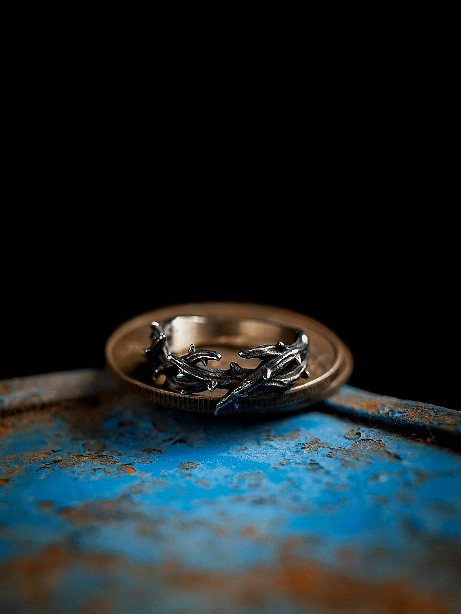Crown of Thorns Ring – Dark Vintage Titanium Steel Band - Night Works