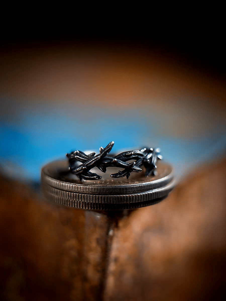 Crown of Thorns Ring – Dark Vintage Titanium Steel Band - Night Works