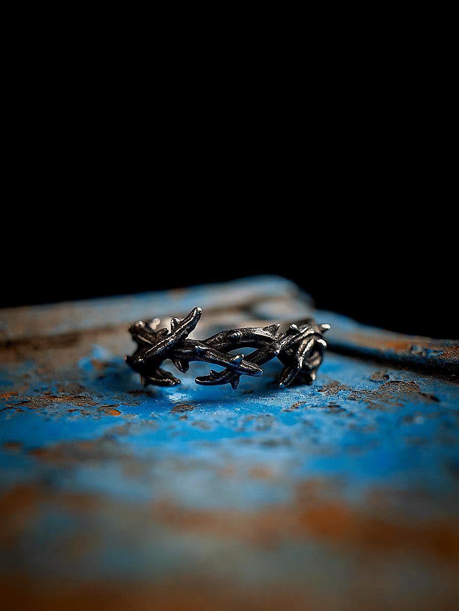 Crown of Thorns Ring – Dark Vintage Titanium Steel Band - Night Works