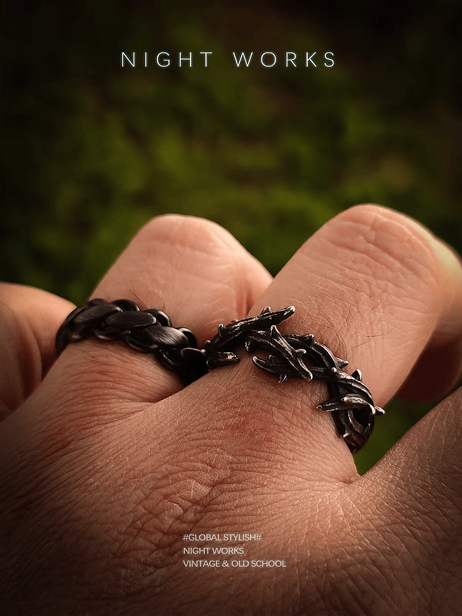 Crown of Thorns Ring – Dark Vintage Titanium Steel Band - Night Works