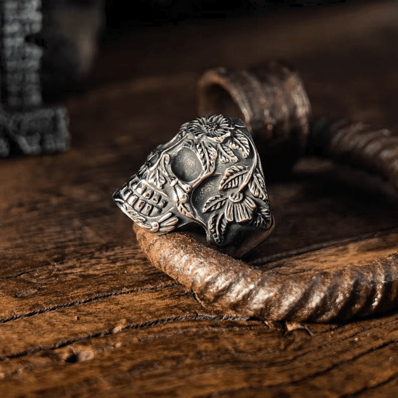 Day of the Dead Floral Skull Gothic Titanium Steel Ring - Night Works